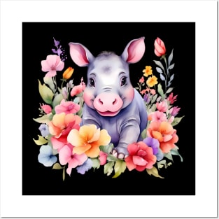A baby hippo decorated with beautiful watercolor flowers Posters and Art
